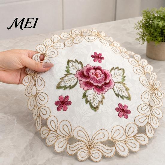 Cup Coaster Mat Embroidered Flower Placemat, Round Floral Heat Resistant Table Dinner Plate Placemat Protector for Dining Vase Wedding Party