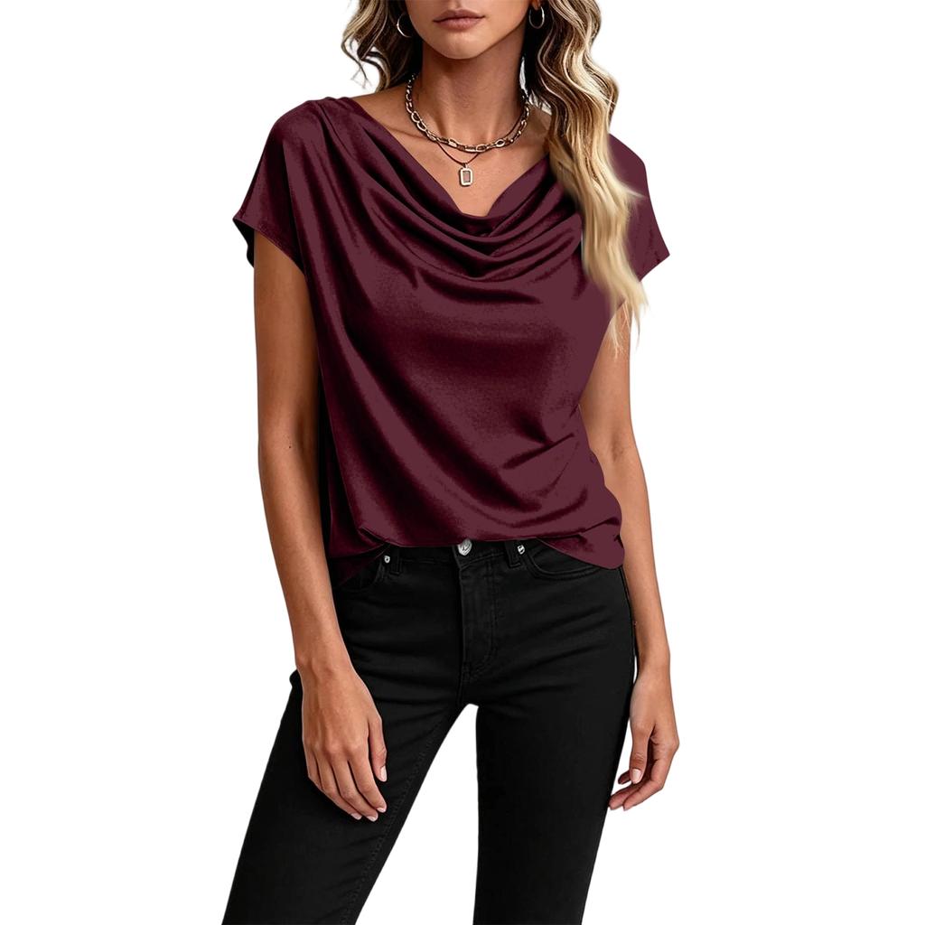 Womens Casual Draped Neck Short Sleeve Top Lightweight Relaxed Fit Solid Color Blouse Suitable for Daily Wear and Various Occasions