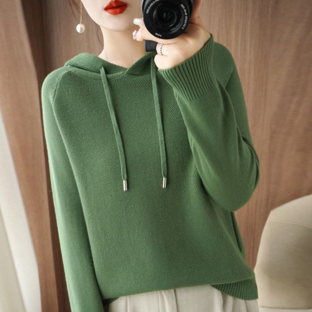 Women's Hooded Long Sleeve Loose Fit Knit Sweatshirt Solid Color Casual Pullover Winter Top