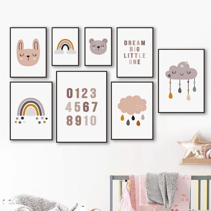 Rainbow Clouds Bear Rabbit Education Number Wall Art Canvas Painting Posters And Prints Wall Pictures For Baby Kids Room Decor