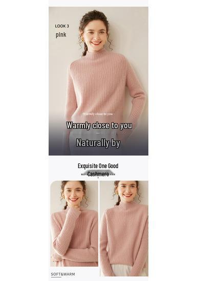 Women's Slim-Fit Ribbed Cashmere Sweater - Half-High Neck Knit Top for Autumn and Winter