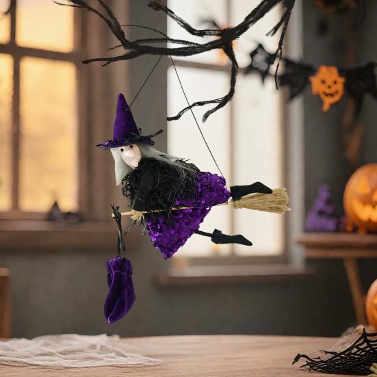 Halloween Hanging Witch Decor Hangable Witch Doll Ornament Small Flying Witch Figurine On A Broom for Garden Yard Haunted House Halloween Decor