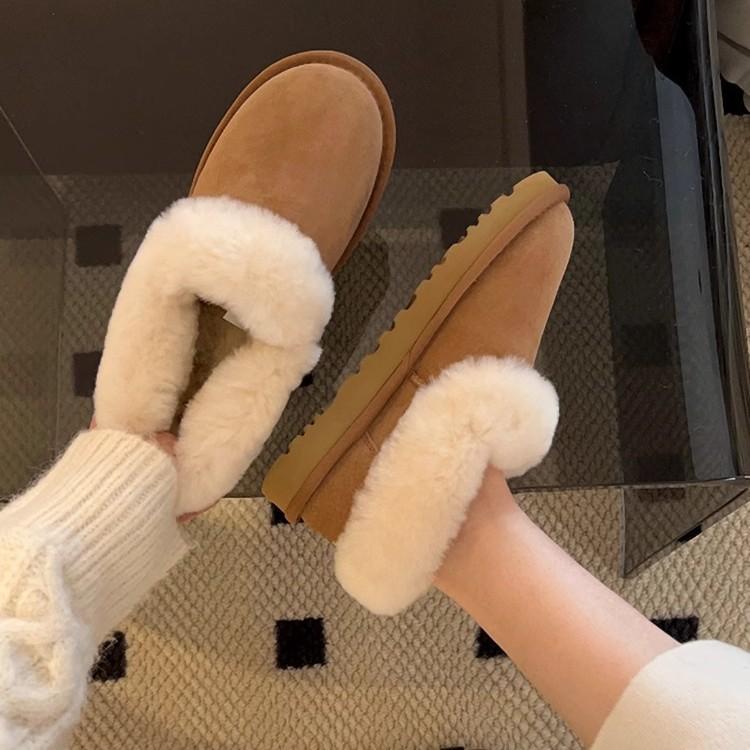 Soft Leather Version~ Thick-soled Low-top Snow Boots Women's Fur Integrated 2024 New One-pedal Fluffy Winter Cotton Shoes