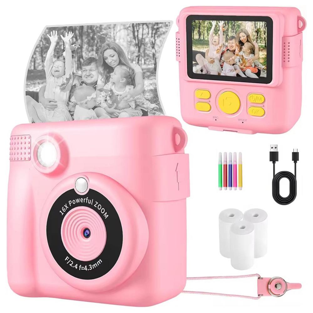 

ABS-681 2.4 Inch IPS Screen Instant Print Mini Kids Camera HD 1080P Video Recorder with 32G Memory Card+Color Pens Pink