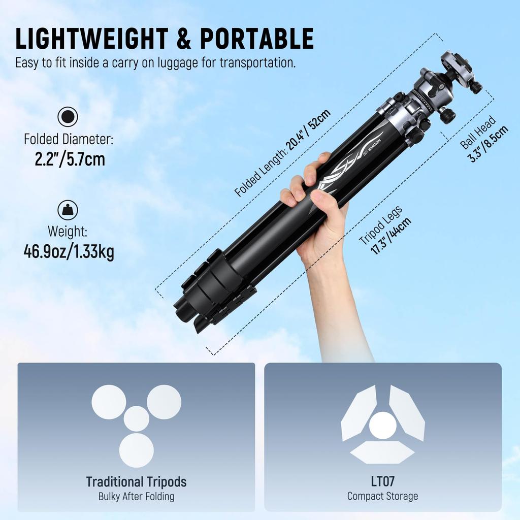 Neewer Litetrip 155cm Aluminum Travel Tripod with Ball QR Folding Video Compatible with DSLRs and Peak Design V3 Dual Center Maximum Load of 10kg