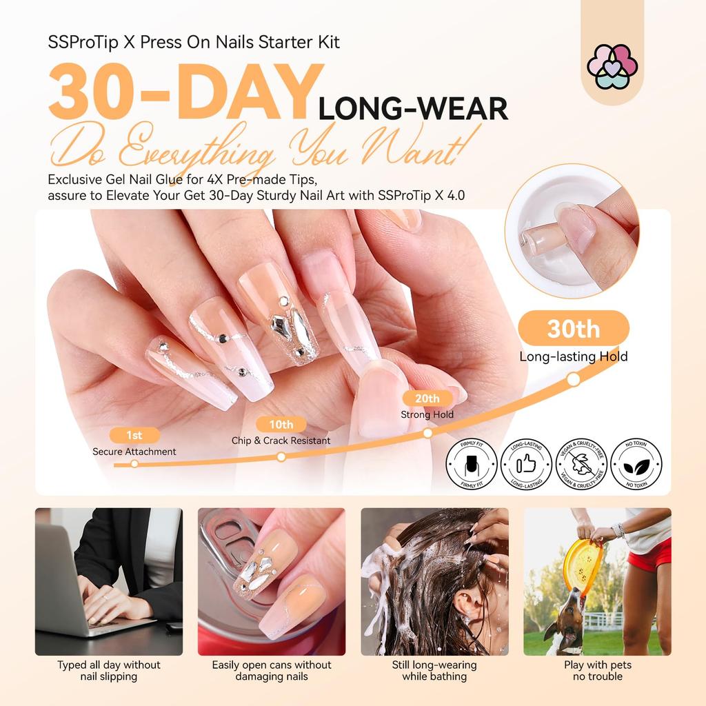 Saviland Nails Medium Fit Natural Soft Gel French Tip Nails Blinky Glitter Acrylic Nail Tips Gel Nail Kit Gel Glue Soft Tips Fake Tips False Nails UV