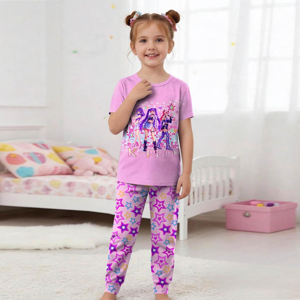 Kids Fashion Outfit Set Round Neck Short Sleeve Top and Pants Printed Design Comfortable Fit Suitable for Daily Wear and Playtime