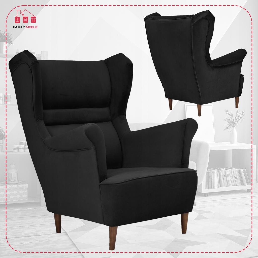 Zoja Scandinavian Family Meble Wing Chair, Black Velvet, Shading