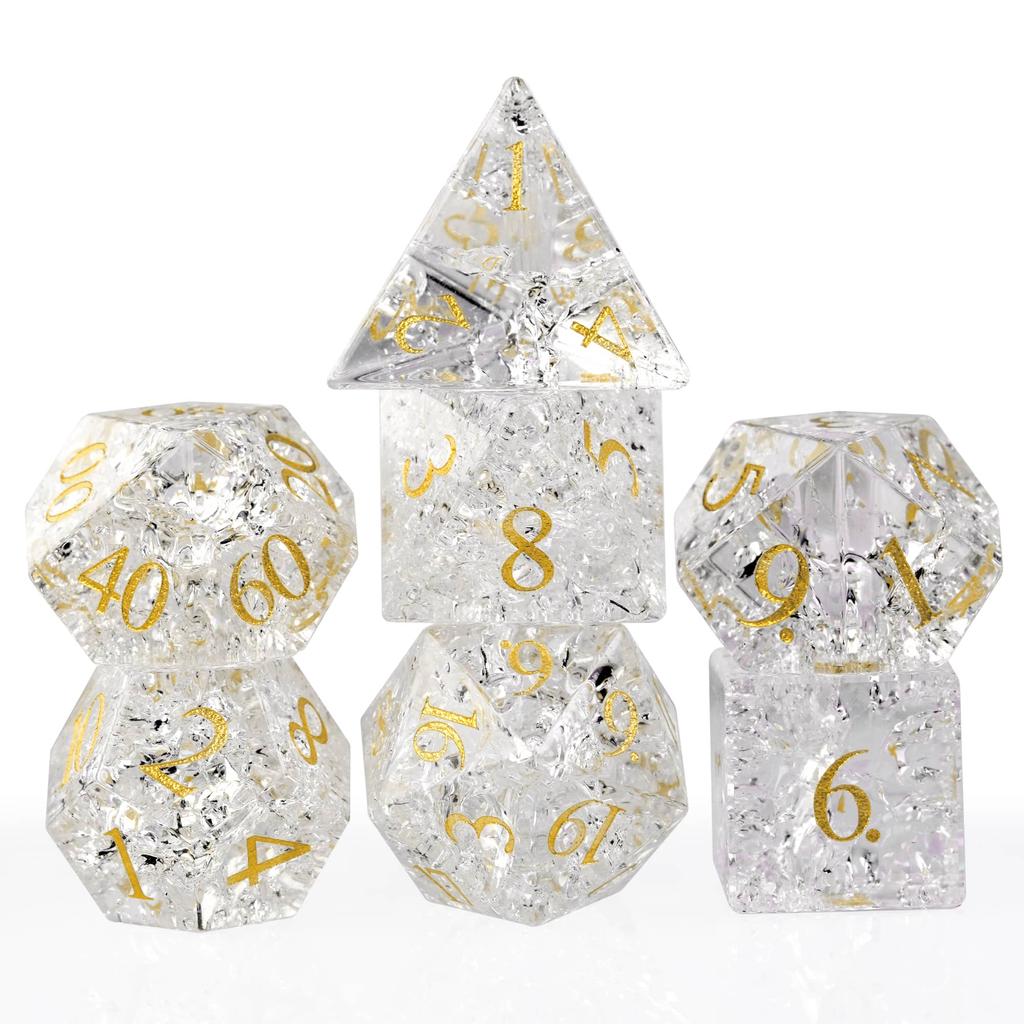Cusdie Glass DND Dice Set 7-Die Handmade Shattered Glass D4-D20 Polyhedral Dice with Leather Box for Tabletop RPG Collection