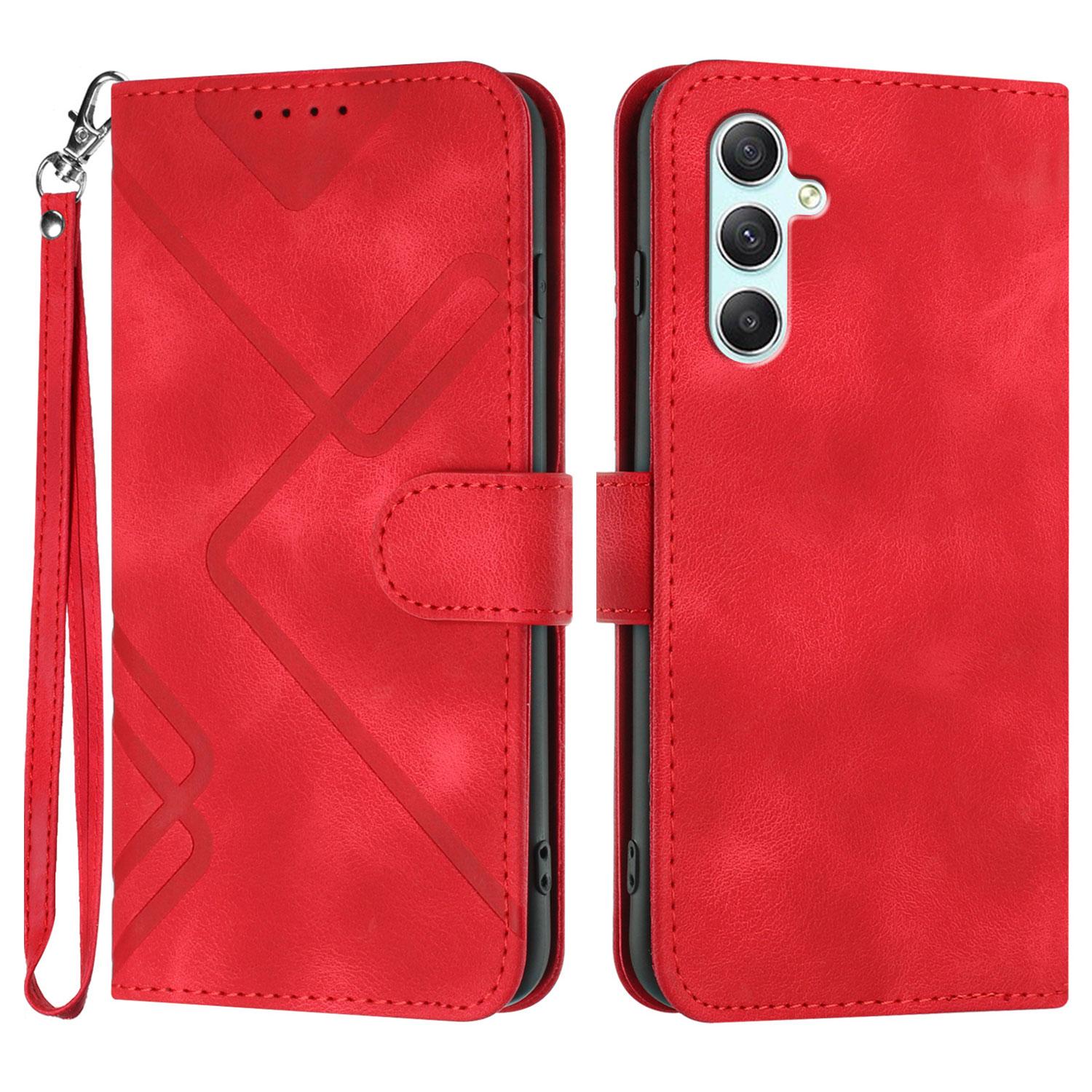

For Samsung Galaxy A34 5G Wallet Case Line Imprinted PU Leather Phone Cover with Strap Red