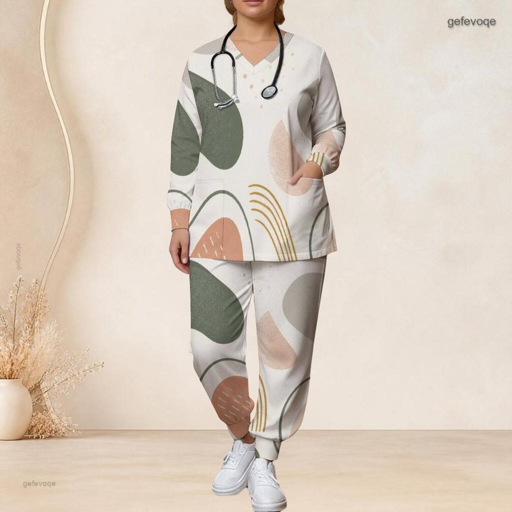 Women Plus Size Printed Nurse Scrub Set V Neck Long Sleeve Pocket Top And Long Pants