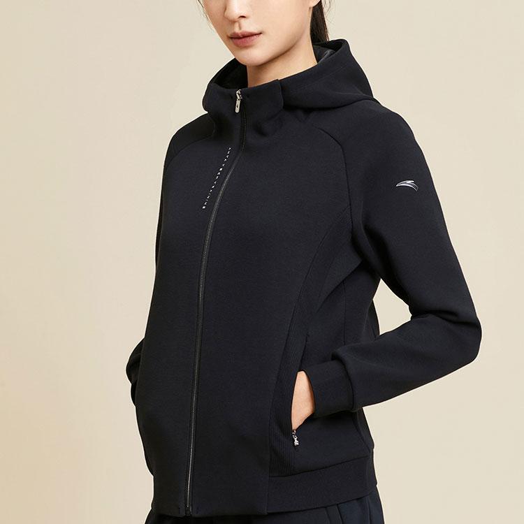 Anta Training Series Solid Color Zipper Hooded Fleece Jacket Women Jackets Basic-Black 162347718-4