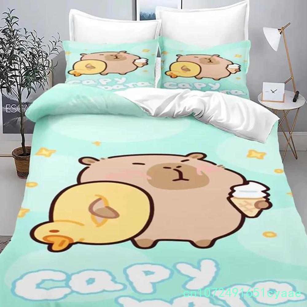 Cartoon Capybara 3D Printed Bedding Set Children's Duvet Cover Pillow Case Set Anime Polyester Cute Cartoon Home Decoration
