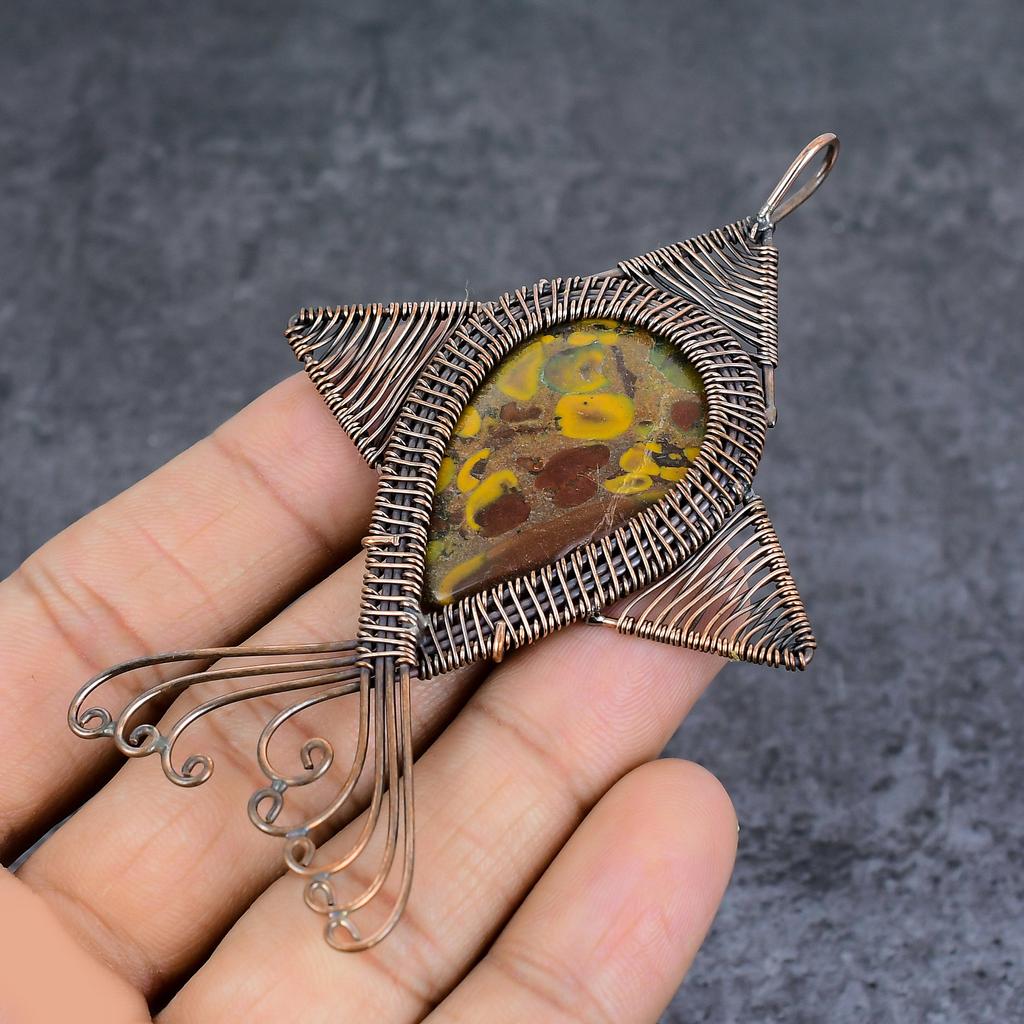 Natural Bamboo Jasper Gemstone Copper Wire Wrap Jewelry Pendant 3.74" d5Y11
