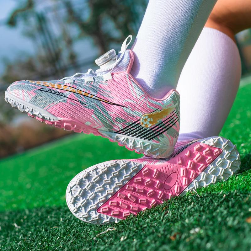 Summer new mesh rotating buckle football shoes older children broken nails boys and girls training football shoes free of laces