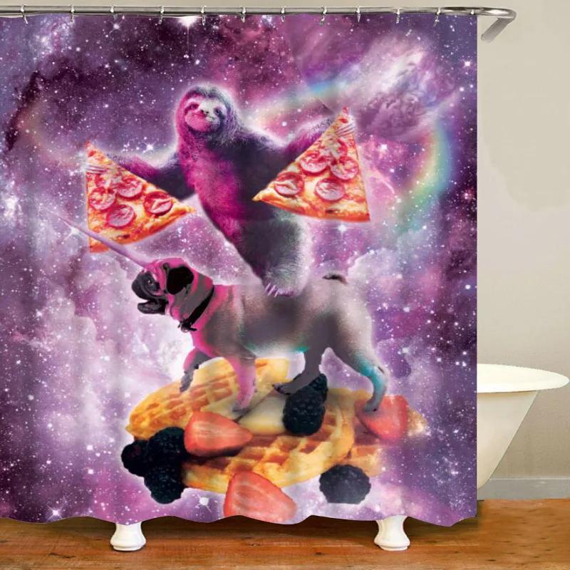 Zabawne Zwierzęta Zasłona Prysznicowa,Fajna Leniwiec Jedzący Jednorożca w Kosmosie Zasłona Prysznicowa,Tkaninowa Fantazyjna Zasłona Prysznicowa do Łazienki z Haczykami