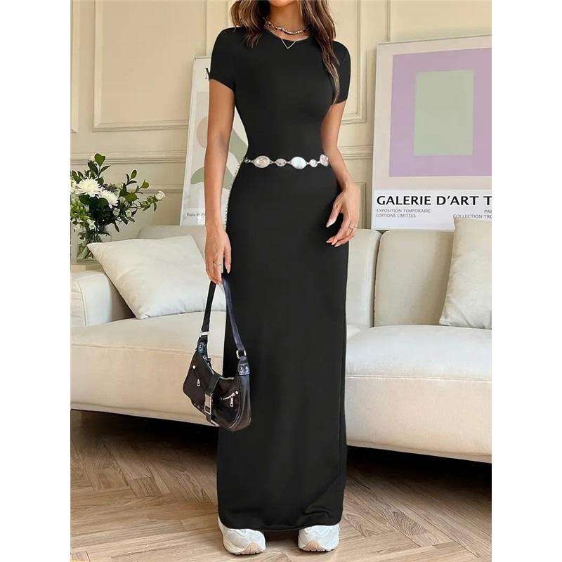 Solid Color Elegant Slim-Fit Short Sleeve Dress L чёрный