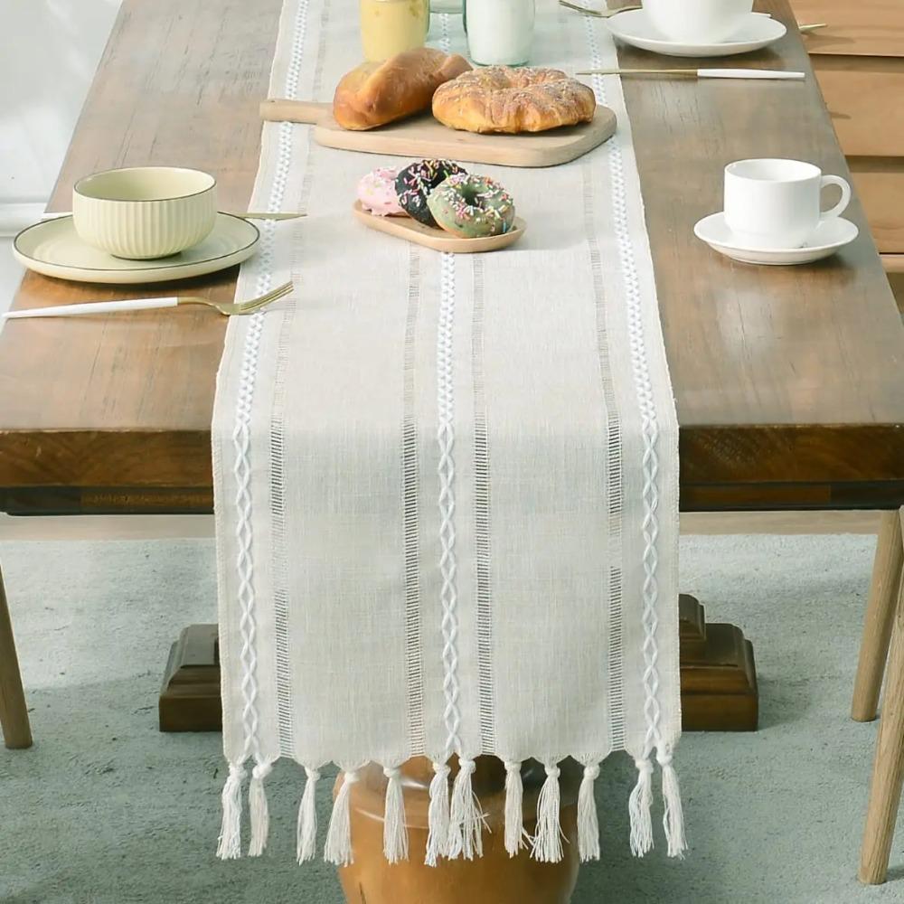 Party Table Decor Solid Color Rustic Table Runner Hollow Weaving Rectangular Table Cover With Tassels Table Flag TV Stand