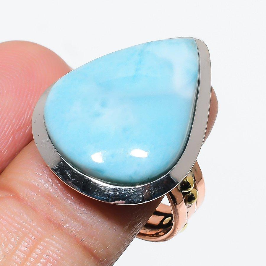Natural Larimar Gemstone 925 Solid Sterling Silver TwoTone Gift Ring S.9 f6K65