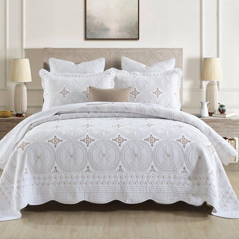 

Embroidered Cotton Quilt Set 3PCS - King/Queen Size Solid Color Coverlet Lightweight Summer Bedspread Breathable Blanket for Bed 230x250cm 3pcs set білий