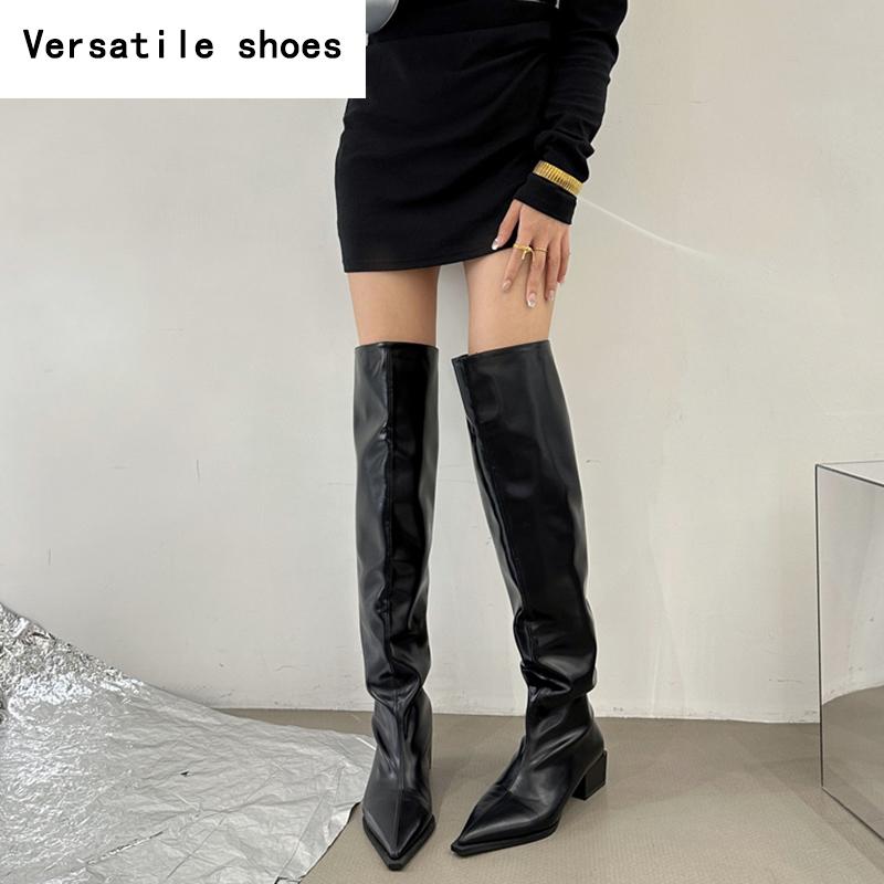 Street Style Pleated Women Knee High Boots Fashion Pointed Toe Long Booties Designer Square Heels Botas De Mujer