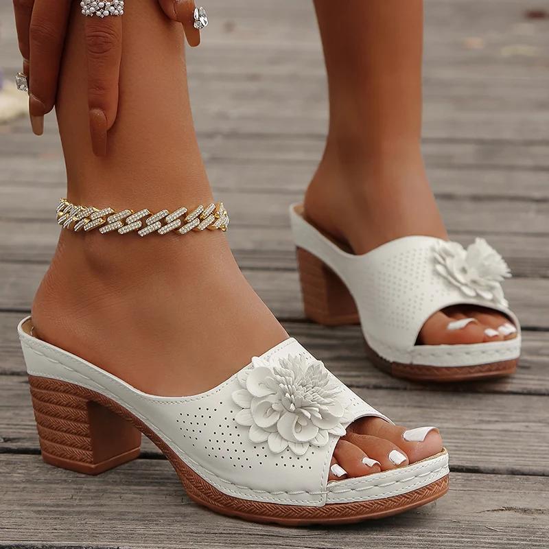 Fashion Flower Decor Roman Sandals for Women Peep Toe Chunky High Heel Slippers Woman Lightweight Slip On Summer Sandalias De Mujer 2025