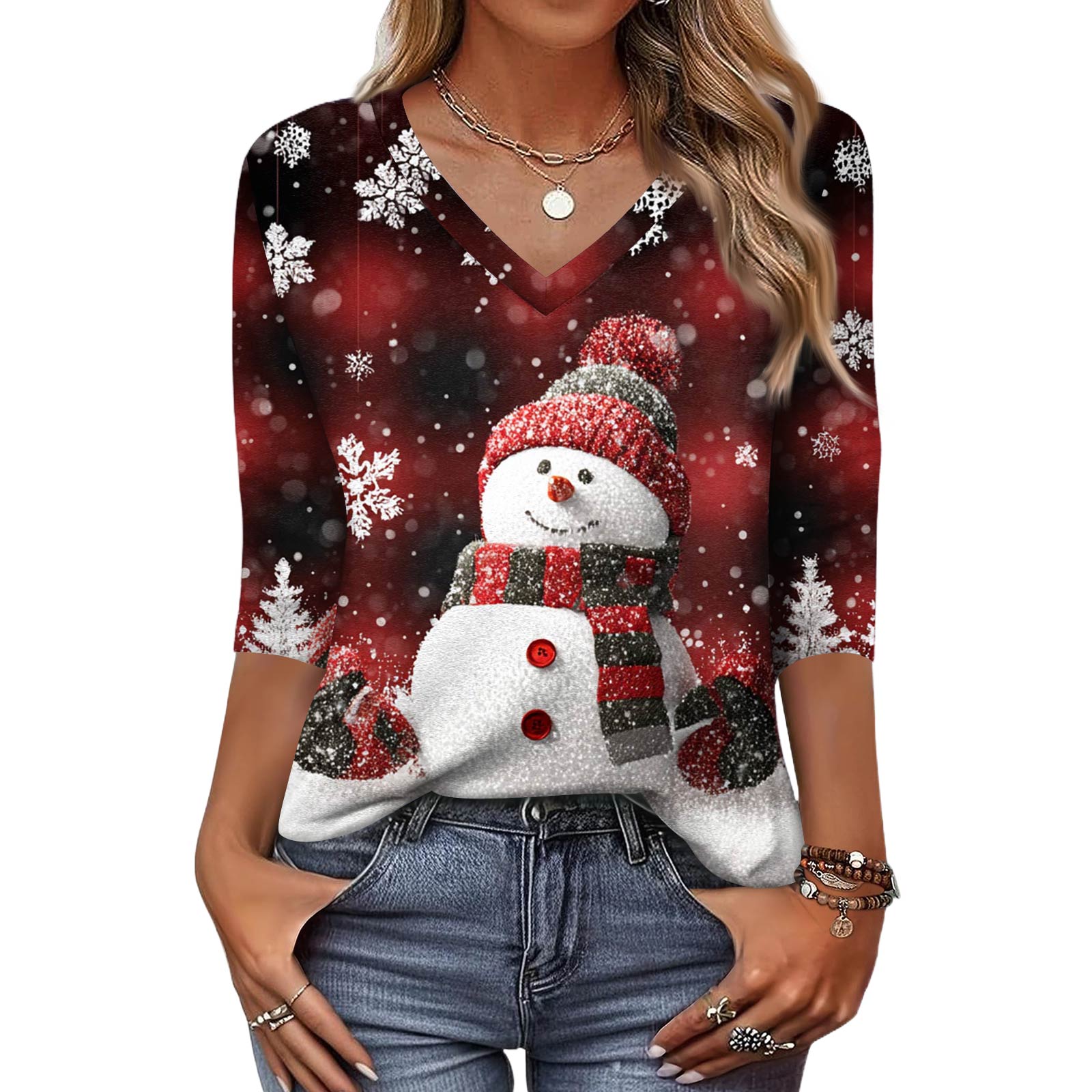 

Модный винтажный топ с рукавом 3/4 для женщин, женская повседневная футболка с рукавом три четверти, V-образным вырезом и принтом L