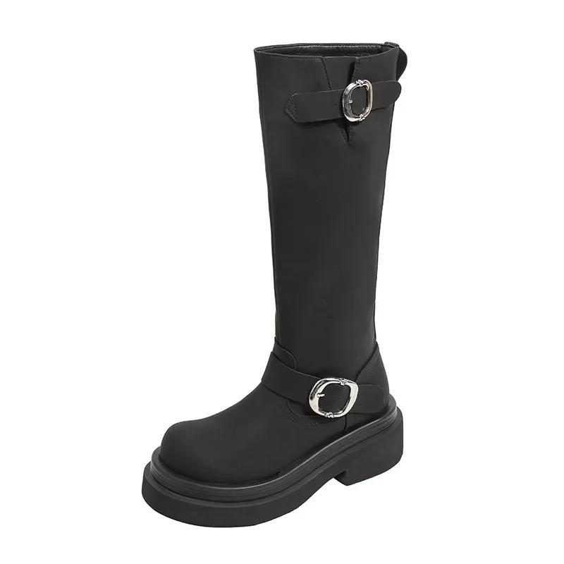 

Fashion Women s Knee-high Boots Thick Bottom Knight Style Heightening Autumn Winter Fashionable Casual Shoes PU Leather round Toe 35 чёрный