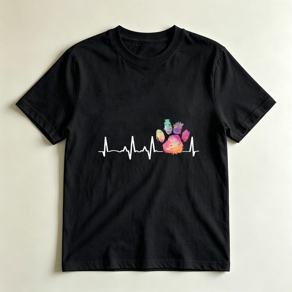 Watercolor Rainbow Paw Print Heartbeat Dog Cat Lover Casual Graphic Tshirt Pet Lover Casual Tops Unisex Summer Casual Cotton Tee S