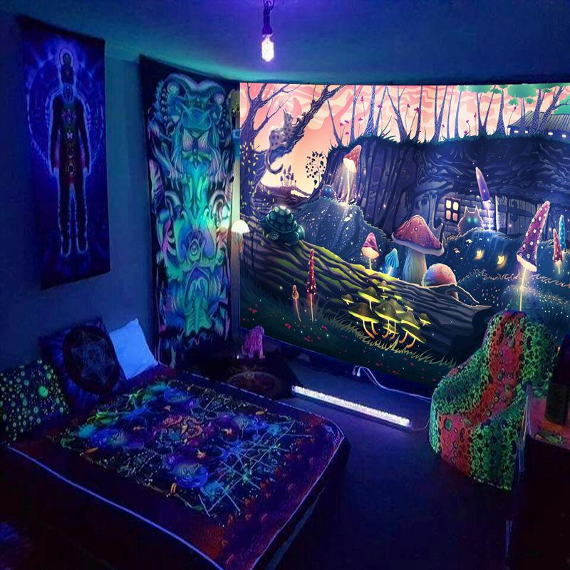Black Light Tapestry Wall Hanging UV Reactive Psychedelic World Hippie  for Bedroom Dorm Indie Room Decor