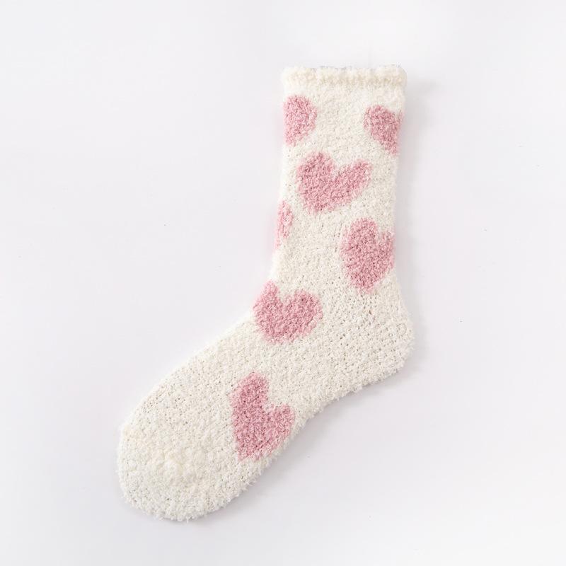 5/10 Pairs Casual Autumn Winter Thickened Socks for Women with Coral Fleece No Shedding Home Warmth Mid Calf Length Simple Heart Shaped Sleep Socks