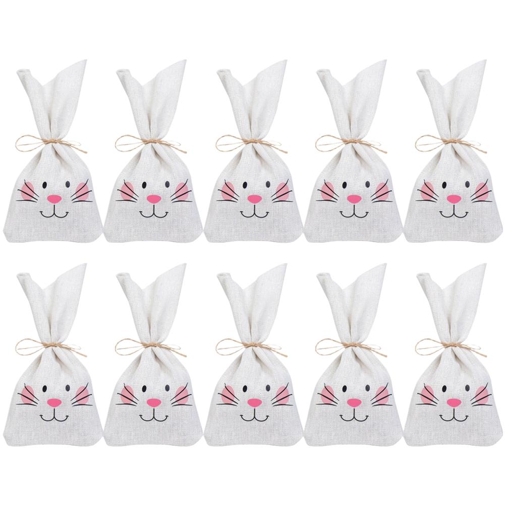 White cotton linen reusable candy bag for Easter with rabbit ear design heat transfer print measures 23 11cm one bag or ten
