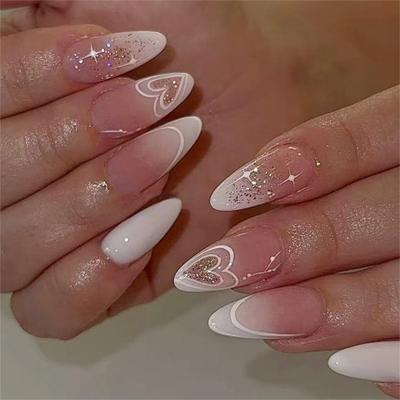 24 Bucăți Unghii False Medii Migdală French Ombre Cu Inimioare Albe Strălucitoare Design Pentru Petrecere Zilnică Femei