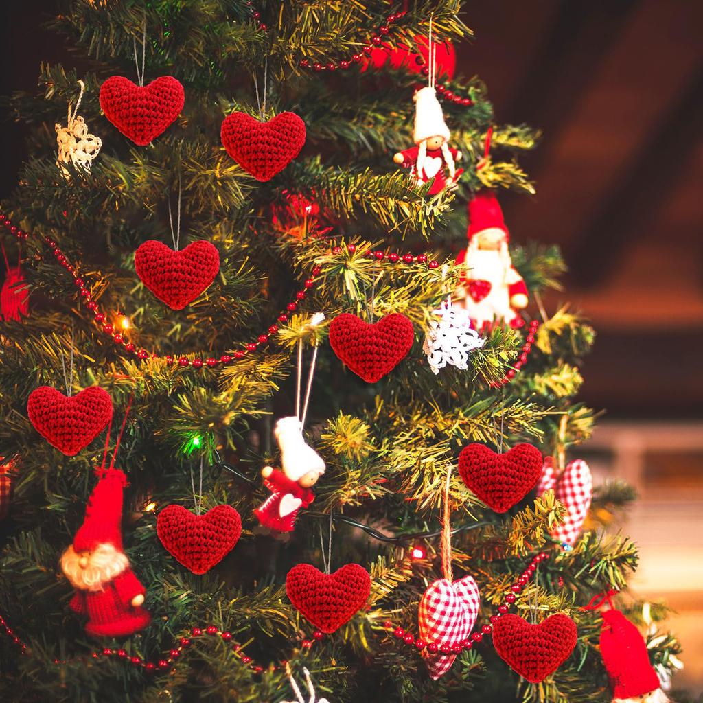 12 Pcs Knitted Crochet Heart Tree Ornament Handmade Valentine Bowl Vase Filler Gift for Friend Teacher Gift