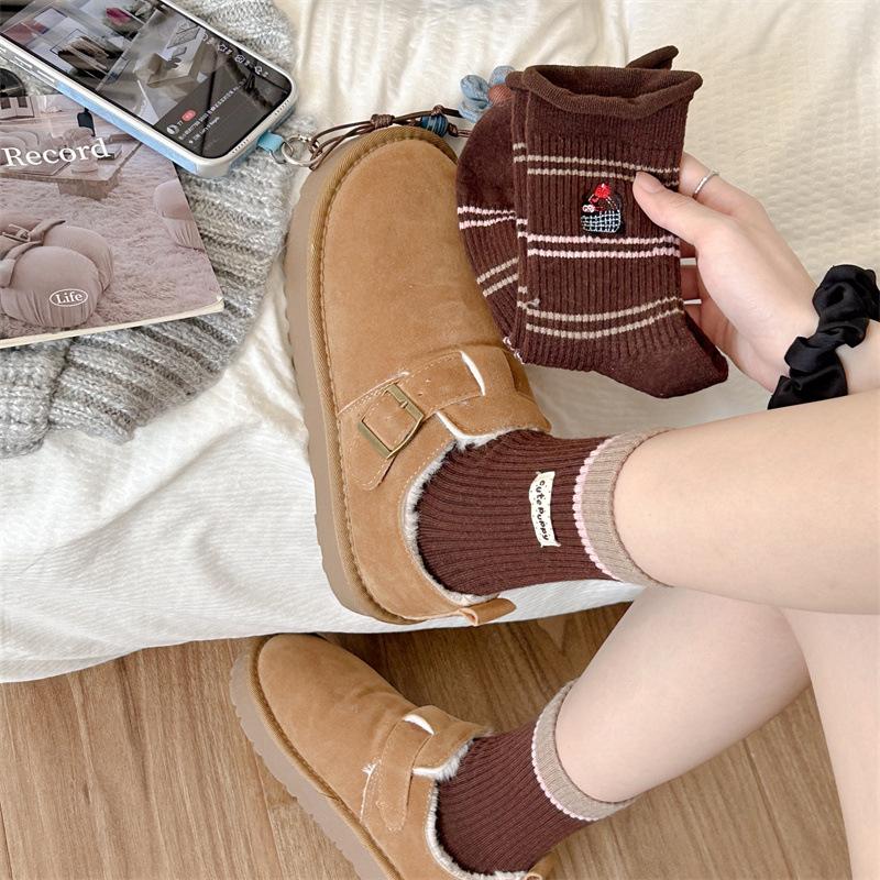 Women's Autumn and Winter Wool Mid-calf Socks in A Color-blocked Cartoon Cute Boneless Striped Warm Long Sock