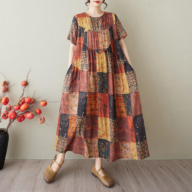 

Платье женское с коротким рукавом, больших размеров, из хлопка и льна, винтажное, с цветочным принтом, новинка, повседневное, свободного кроя, длинное летнее платье