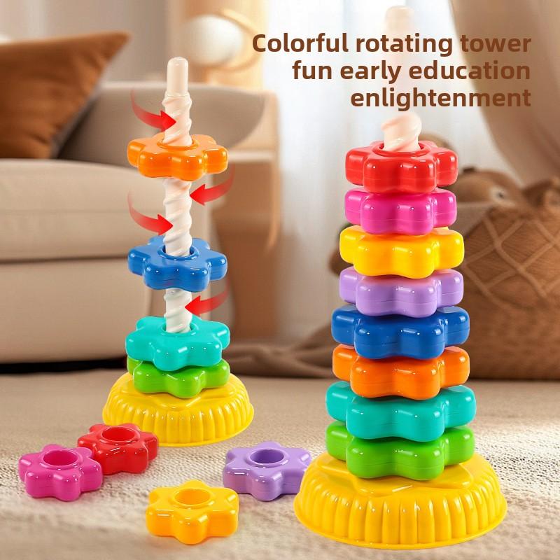 Montessori Drehbarer Regenbogen Turm Stapelspiel Pädagogisches Frühes Lernspielzeug für Baby & Kinder Geschenke