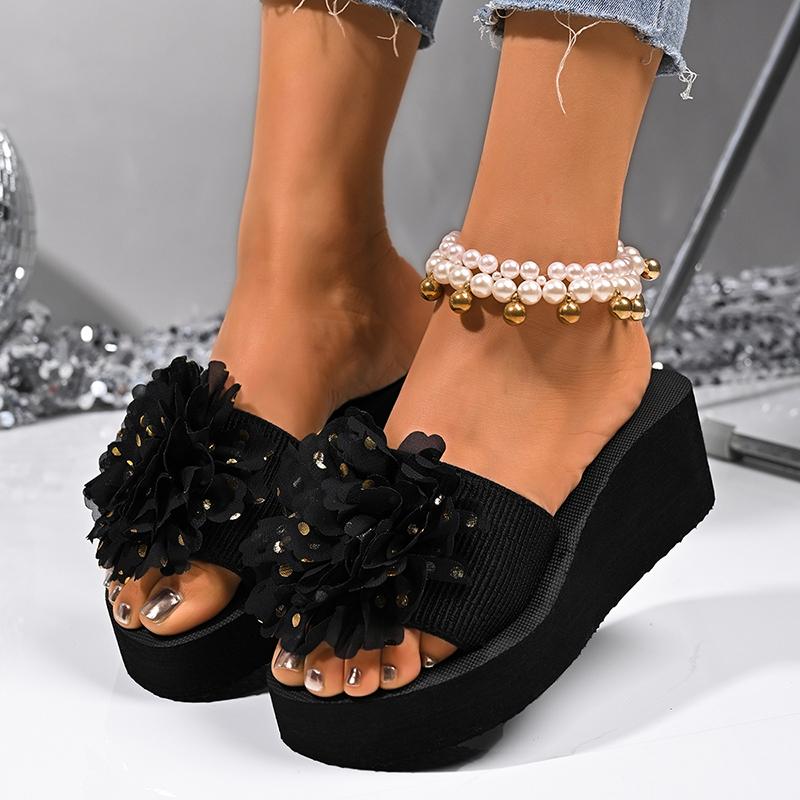 Fashion Fashion Flower Design Wedge Slippers Women Summer Sequins Black Platform Slides Female Stylish Anti-Slip High Heel Sandals Mujer