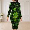 Women Plus Size Round Neck Long Sleeve Dark Green Clover Printed Bodycon Midi Dress