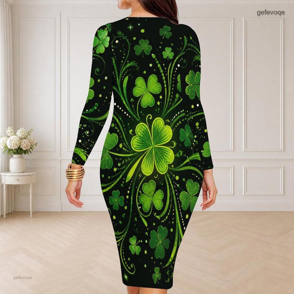 Women Plus Size Round Neck Long Sleeve Dark Green Clover Printed Bodycon Midi Dress