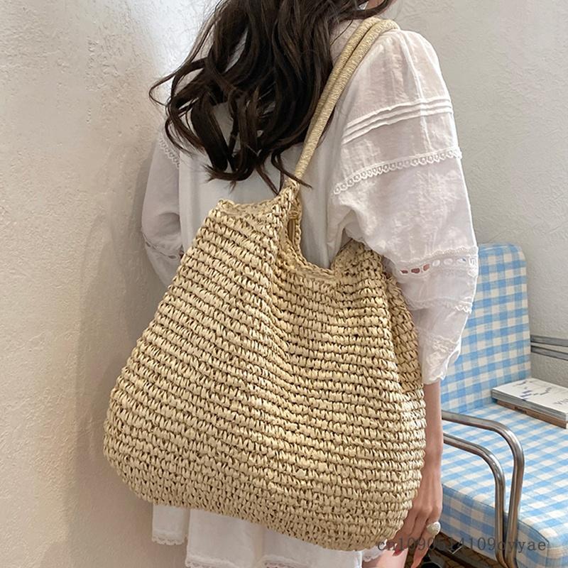 Fashion Women's Straw Tote Bag Large Capacity Woven Beach Bag Square Solid Color Casual Shoulder Bag Beach Bag Summer Daily Bag
