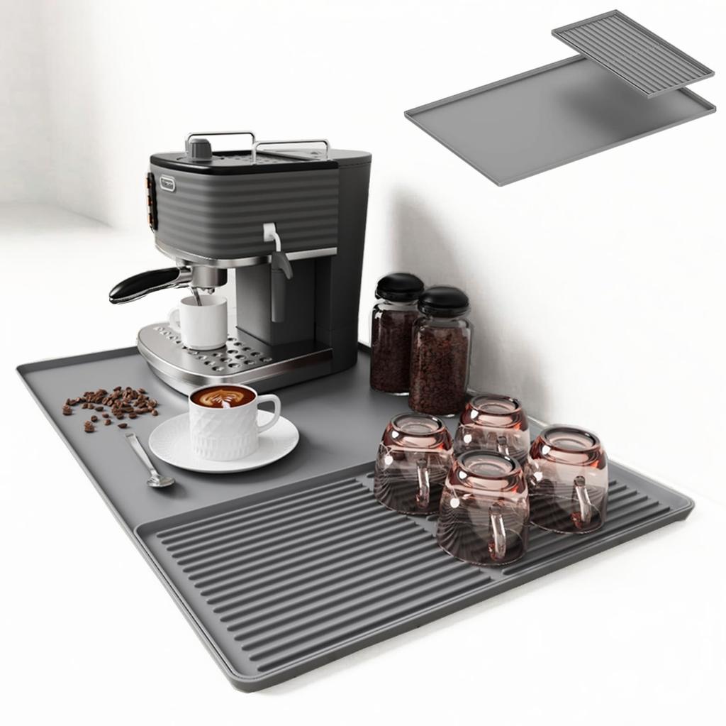 Silicone Coffee Mat, Coffee Maker Mat, 24"x16" Silicone Coffee Mat Spill-Proof, Heat-Resistant, Non-Slip, Detachable Dish Drying