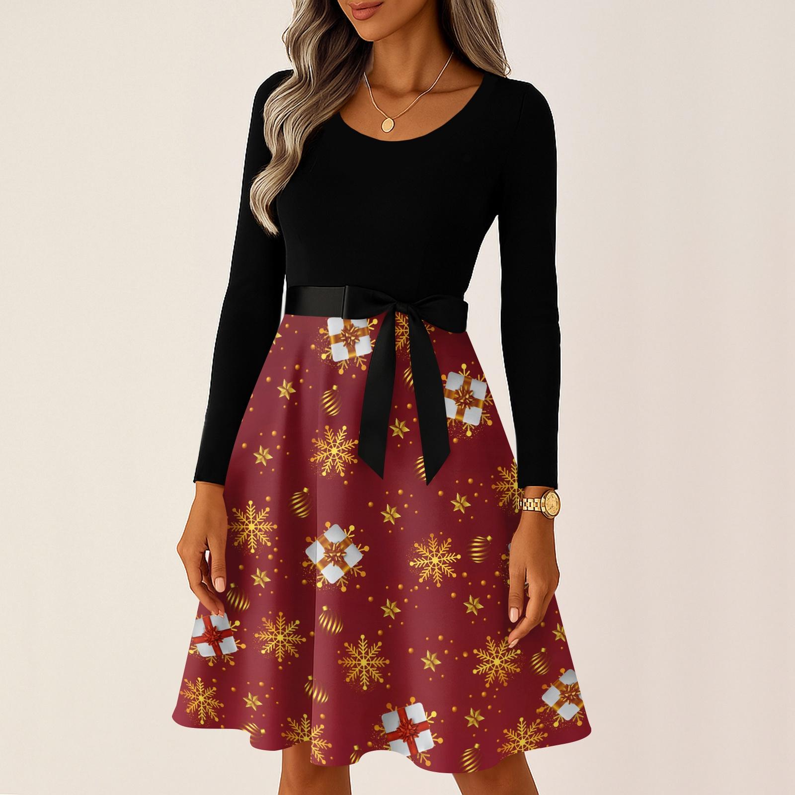 

Женские повседневные модные длинные платья с рождественским графическим принтом и длинными рукавами в винтажном стиле XL винный