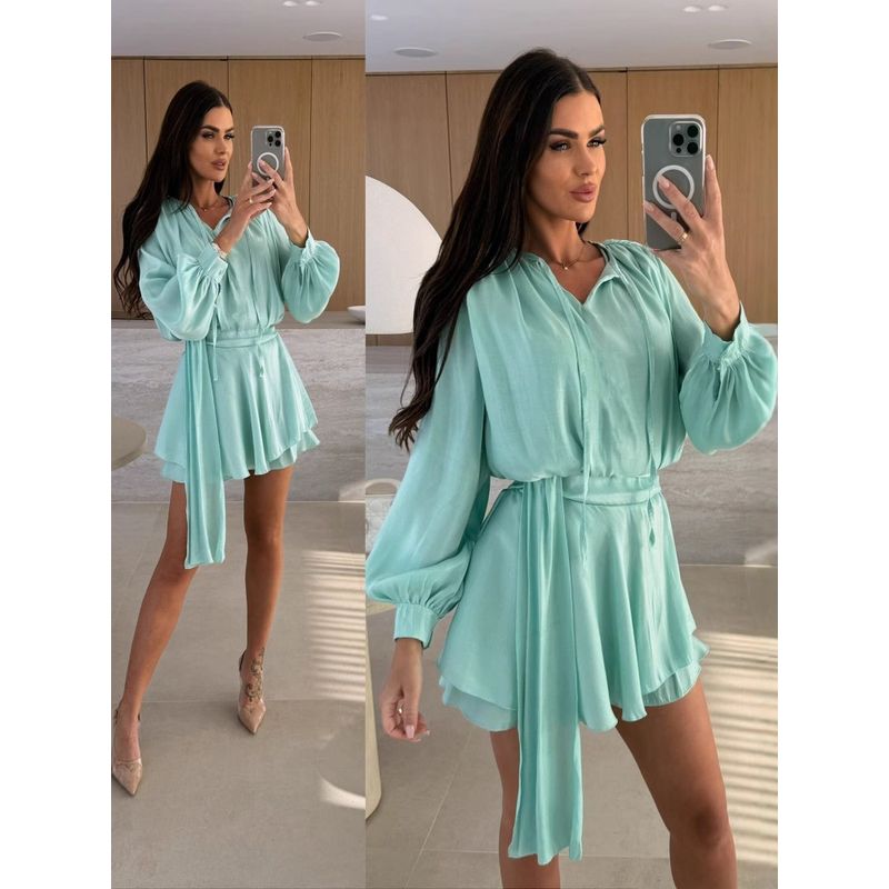 2025 European and American Simple Style Autumn Solid Long sleeve V-neck Lace-up Casual Dress Women