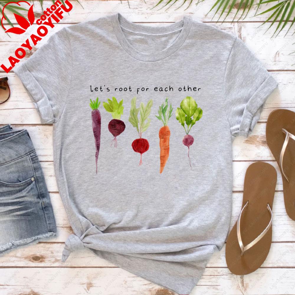 Root Vegetables Lets Root for Each Other Women TShirt Cotton Short Sleeve Vegetables Club Casual Fashion Summer Tops