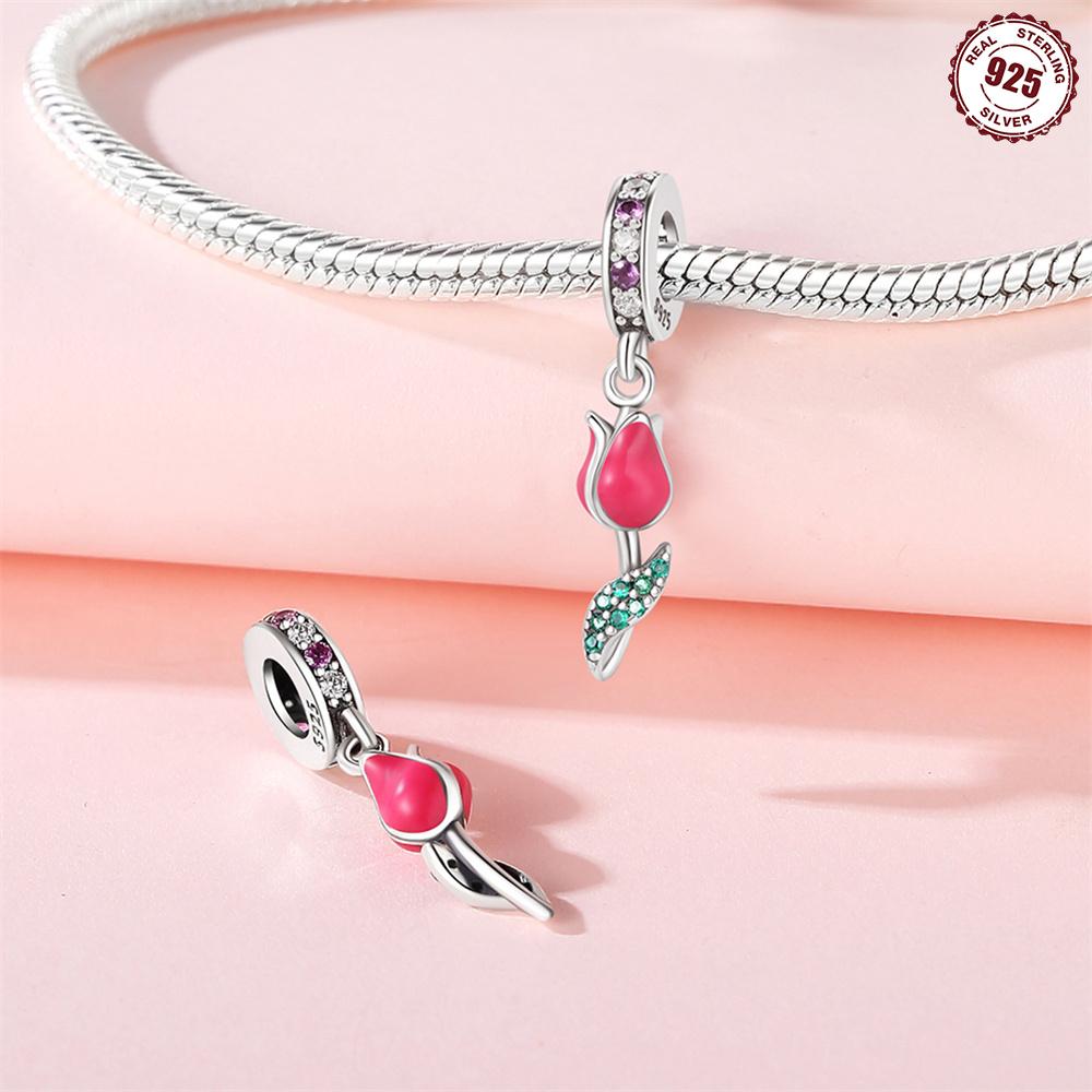 Bead Charms Copper Charm Bead Charms Authentic Pink Tulip Pendant Bead Charms Compatible With Bracelets Jewellery Diy Women Fine Gift Accessory