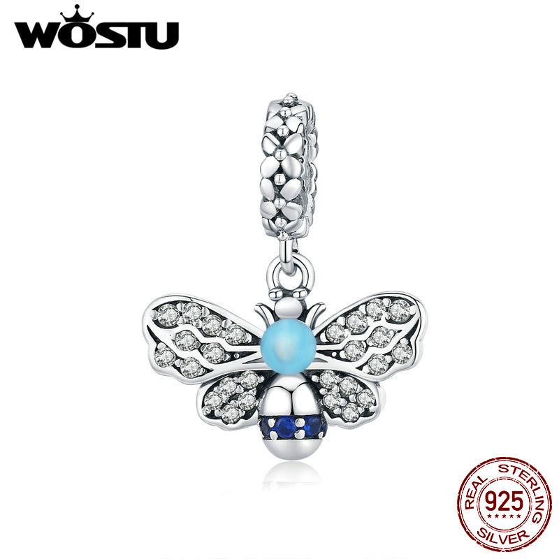 

WOSTU Busy Bee, стерлинговое серебро 925 пробы, небесно-голубая эмаль, подвеска в виде пчелы, подвески для оригинальных женских браслетов 925 silver