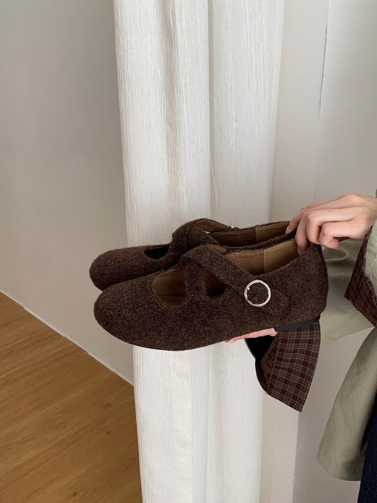 2025 Autumn and Winter New Round Head Lace-up Thick Sole Strap Ballet Woolen Fabric Doudou Non-slip Women's Single Shoes