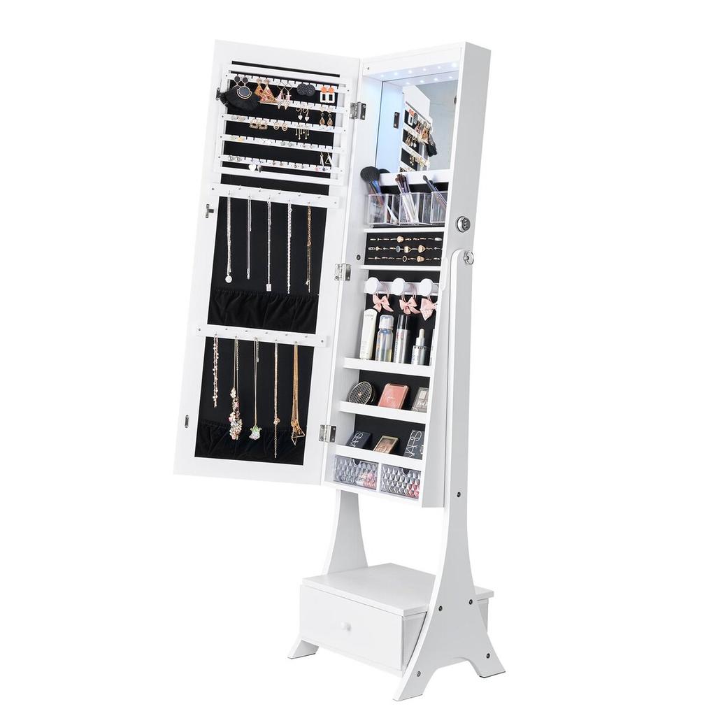Mirror Jewelry Cabinet Standing Mirror with Storage Full Length White