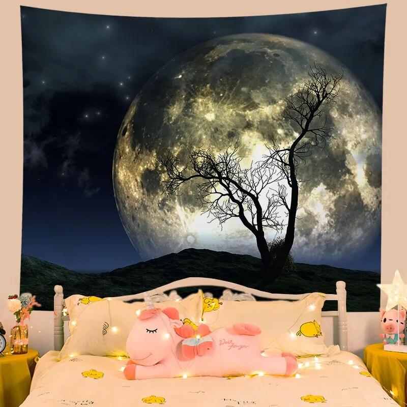 Tapestry Flower Moon Night Home Aesthetics Living Room Wall Decoration Hanging Background Cloth